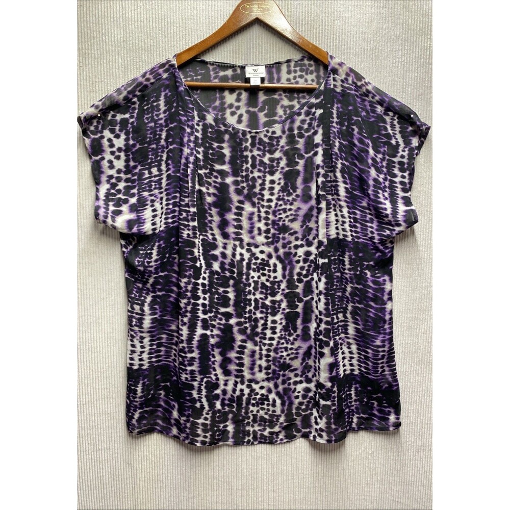 Worthington Woman Blouse Womens 2X Purple Sheer Animal Print Boho Career